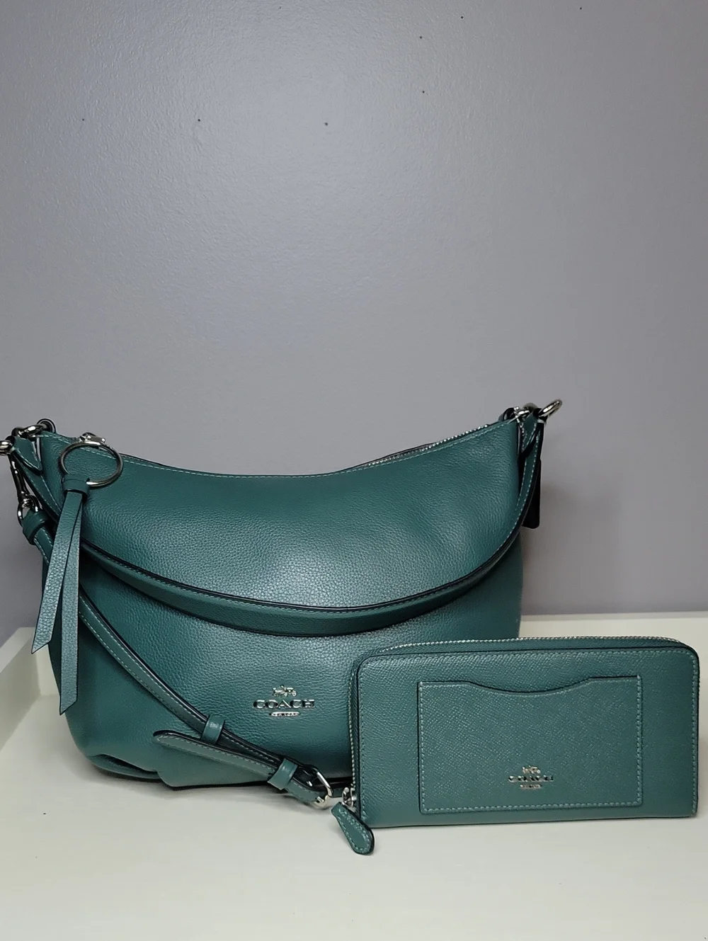 Coach Skylar Dark Teal Leather Hobo Shoulder Bag with Matching Wallet Set
